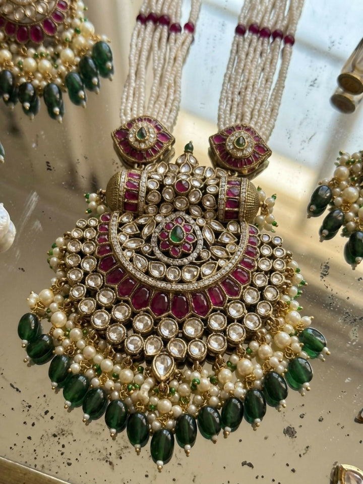 Gold Plated Long Bridal Polki Stone Necklace Set | shobitam