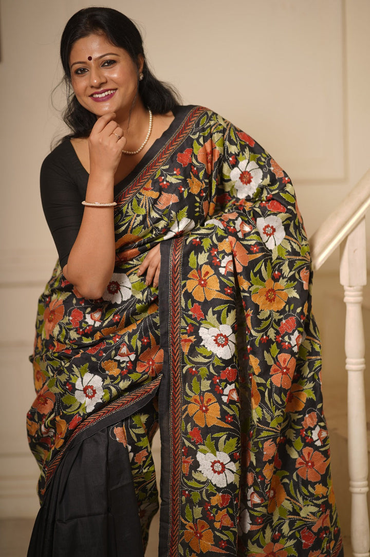 Hibiscus the Divine Flower, Intricate Hand Kantha Embroidery on Pure Bishnupur Katan Silk Saree in Charcoal Black | SILK MARK CERTIFIED | SHOBITAM