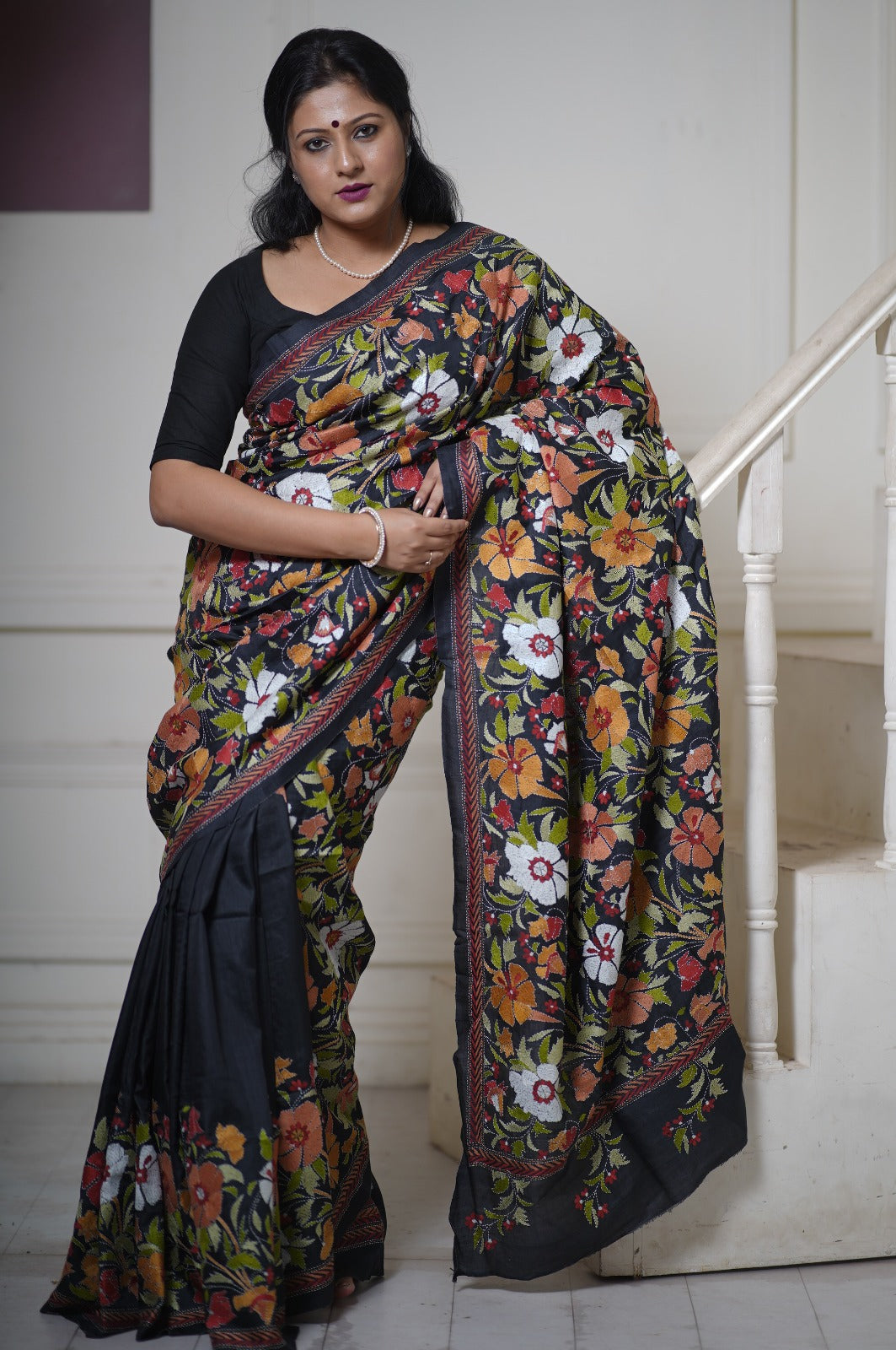 Hibiscus the Divine Flower, Intricate Hand Kantha Embroidery on Pure Bishnupur Katan Silk Saree in Charcoal Black | SILK MARK CERTIFIED | SHOBITAM
