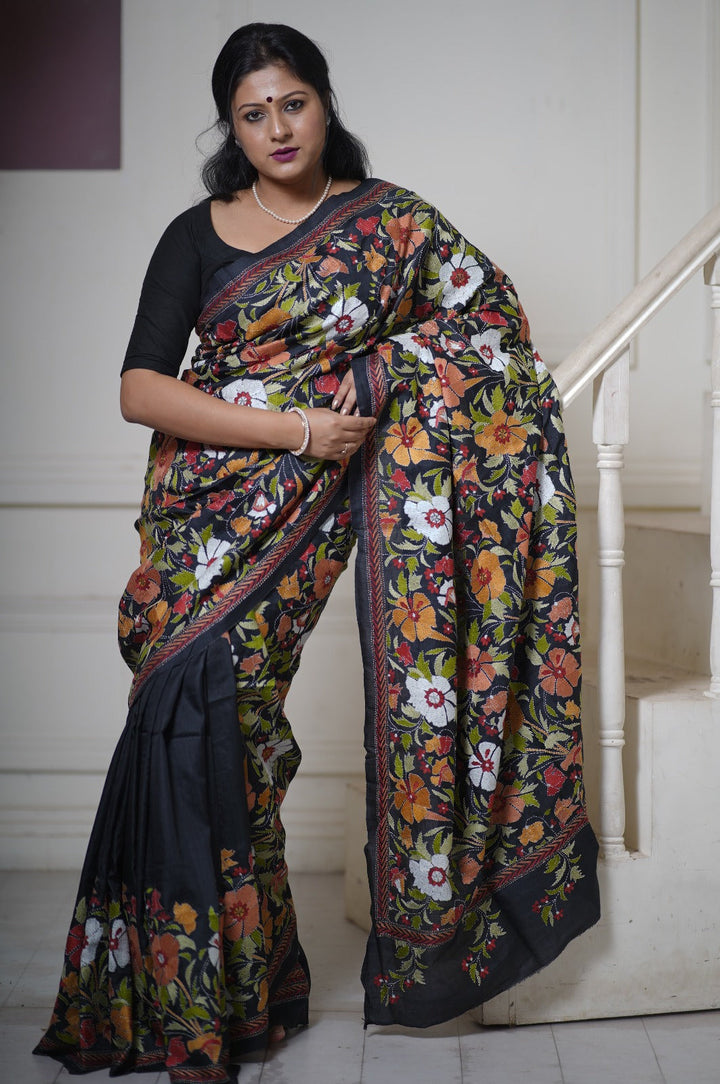 Hibiscus the Divine Flower, Intricate Hand Kantha Embroidery on Pure Bishnupur Katan Silk Saree in Charcoal Black | SILK MARK CERTIFIED | SHOBITAM