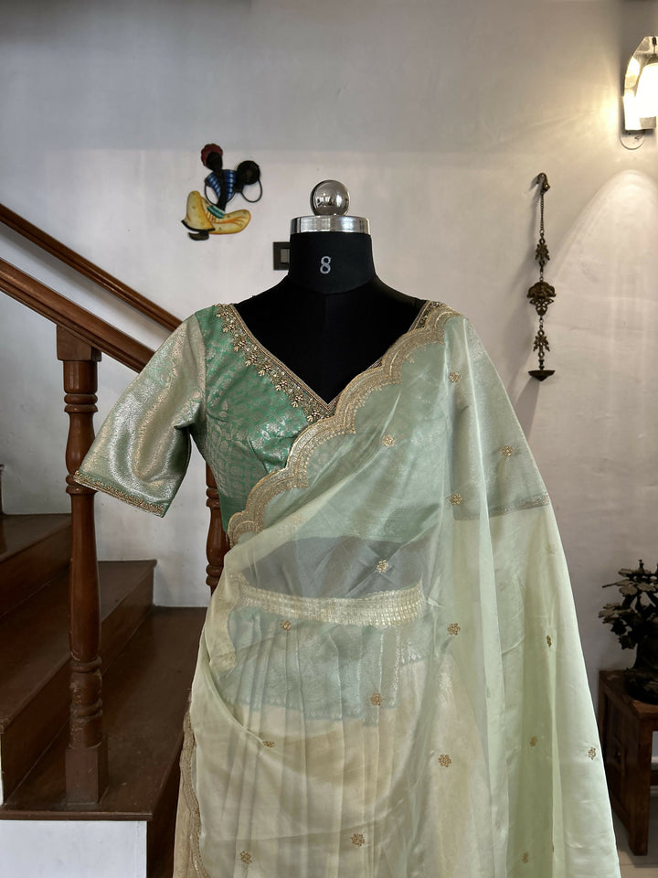 Sage Green Blouse with Champagne Gold Jacquard Skirt | SHOBITAM