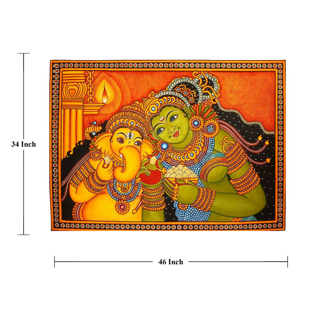 GANESHA WITH PARVATHI KERALA MURAL PAINTING 34*46 | SHOBITAM