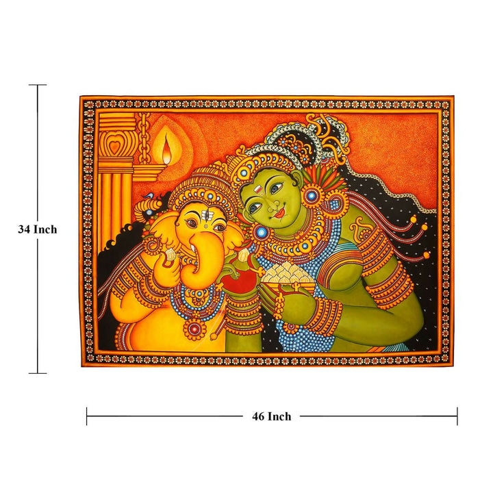 GANESHA WITH PARVATHI KERALA MURAL PAINTING 34*46 | SHOBITAM