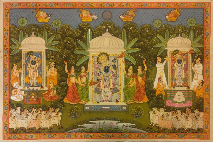 3.5 x 5 feet Authentic Jaipur Painting Teen Roopi Shreenath ji | SHOBITAM