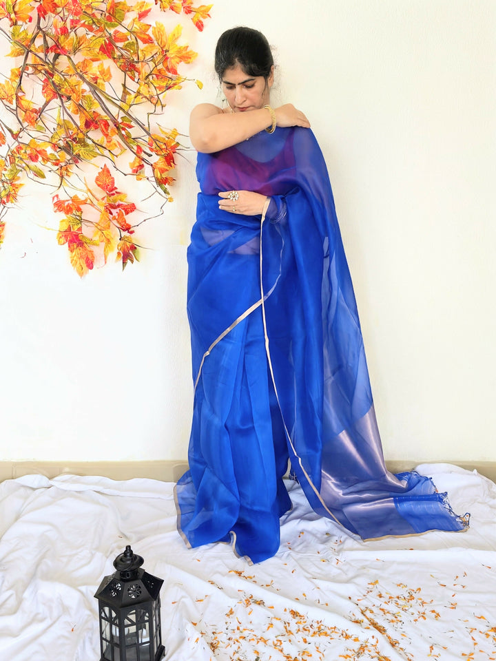 Royal Blue Banarasi Kora Organza Silk Saree | SILK MARK CERTIFIED | SHOBITAM