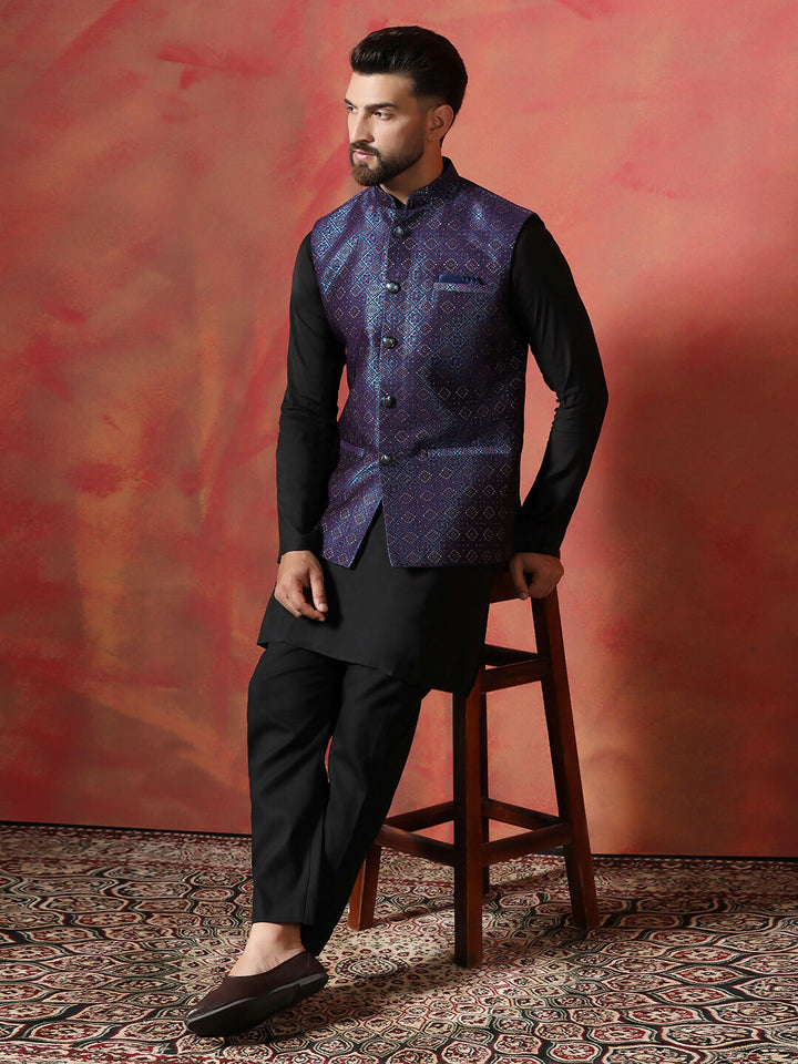 Blue jacquard kurta jacket pyjama set premium indian ethnic outfit | SHOBITAM