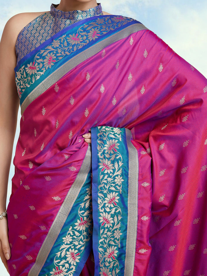 Magenta Banarasi Satin Silk Blend Zari Work Saree | SHOBITAM