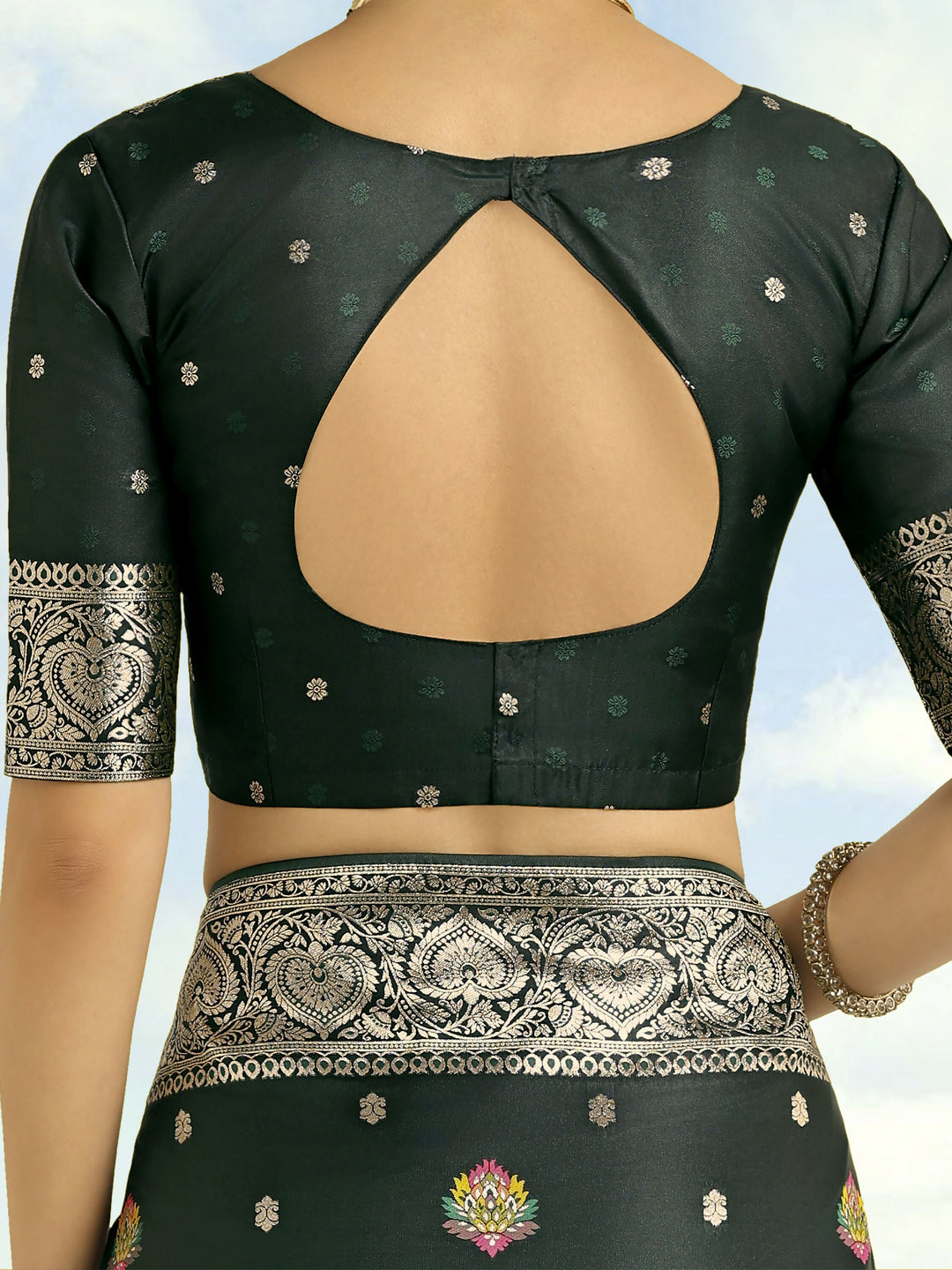 Dark Green Banarasi Zari Woven Satin Silk Saree | SHOBITAM