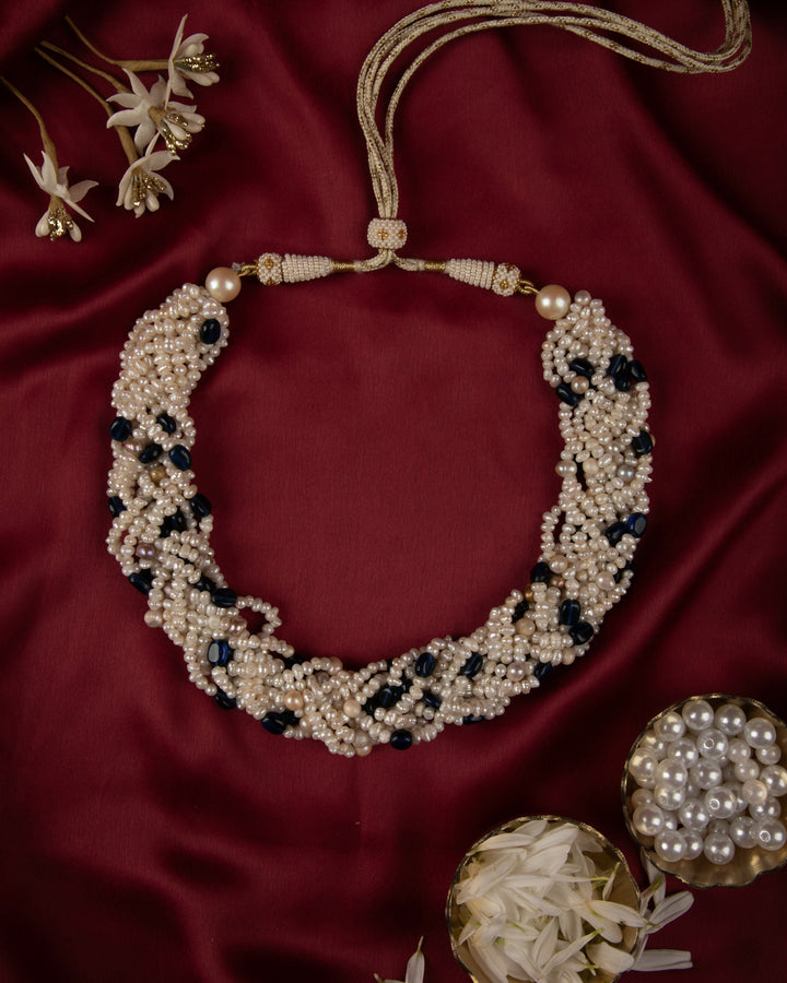 Noor-e-Raat: Pearl & Tanzanite Braided Mala  | SHOBITAM