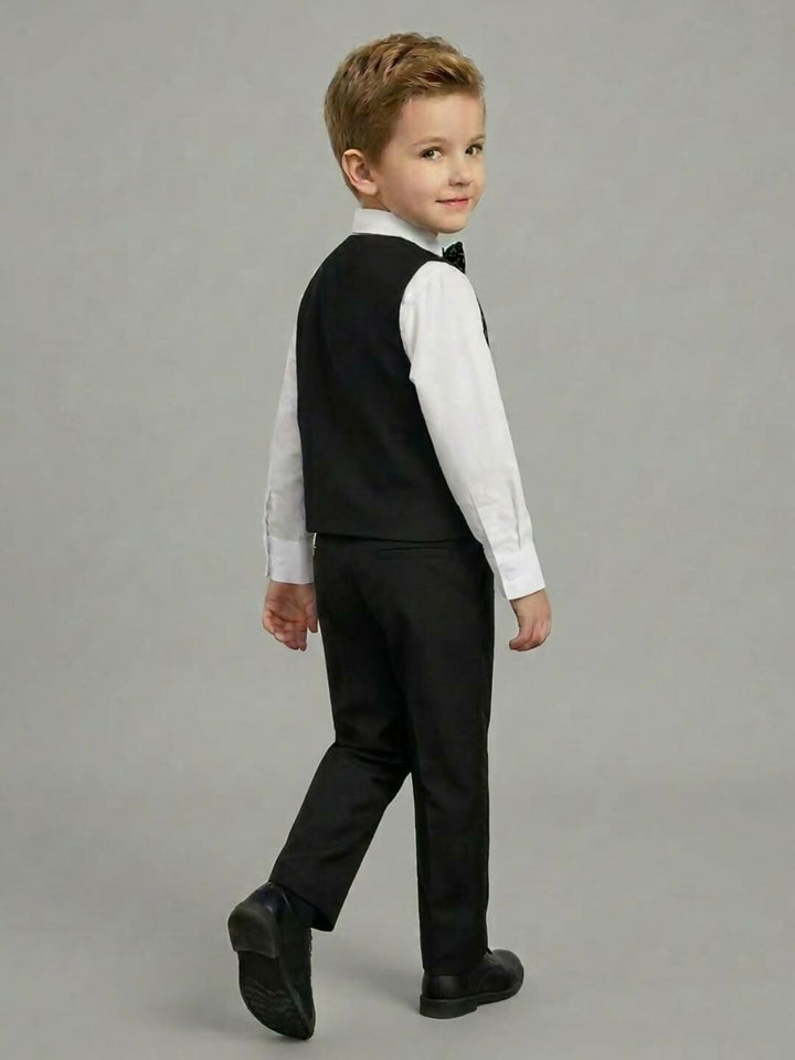 Boys Formal Black Waistcoat Suit Set with Shirt, Trousers and Bow Tie | SHOBITAM