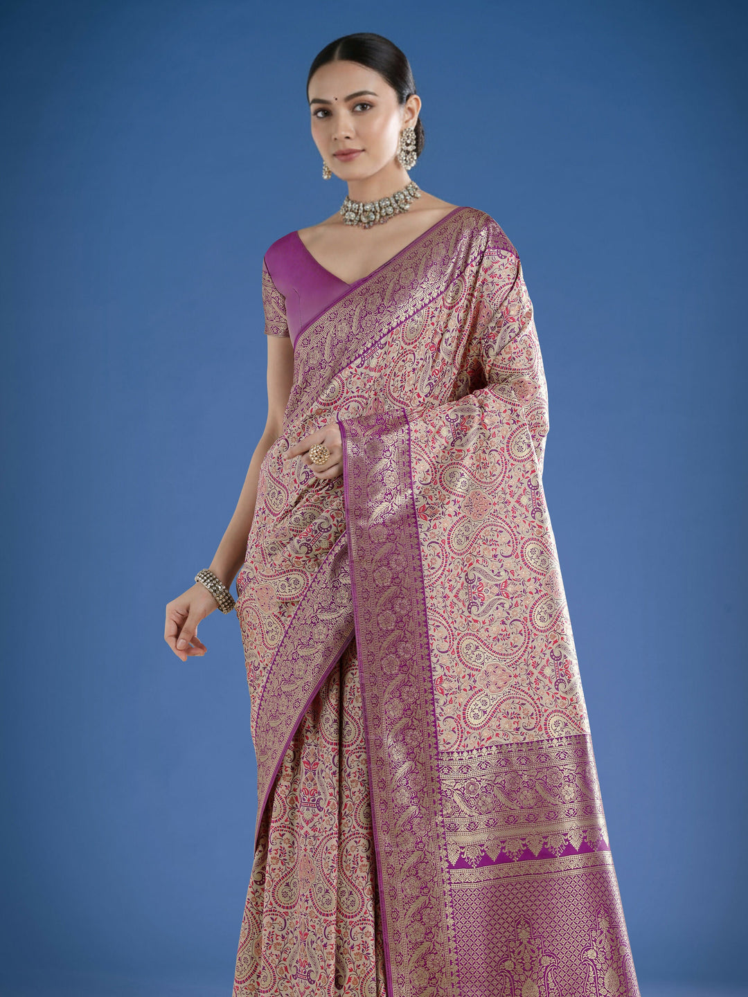Beige Banarasi Semi Silk Saree With Traditional Paisley Weaves | SHOBITAM