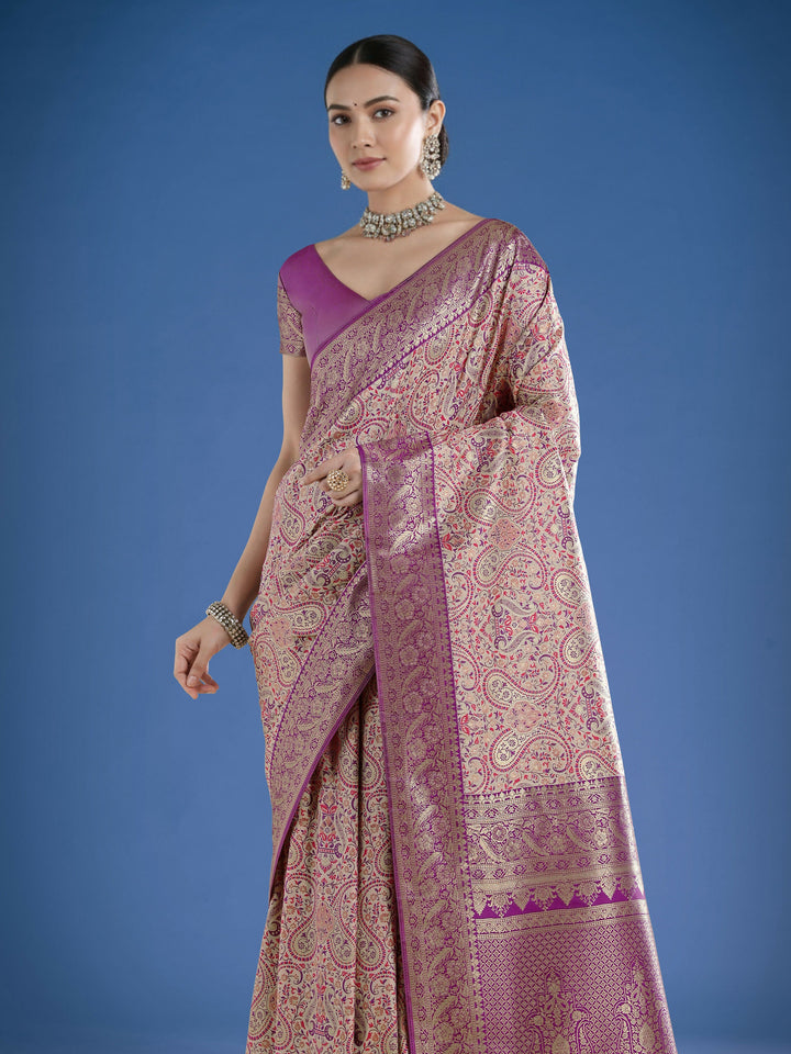 Beige Banarasi Semi Silk Saree With Traditional Paisley Weaves | SHOBITAM