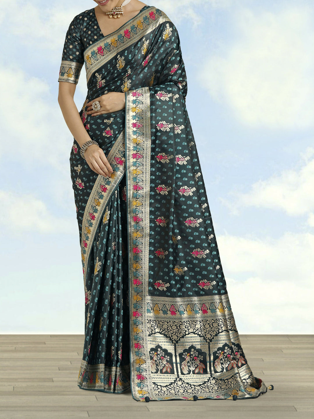 Teal With Gold Bordar Banarasi Satin Zari Woven Saree | SHOBITAM