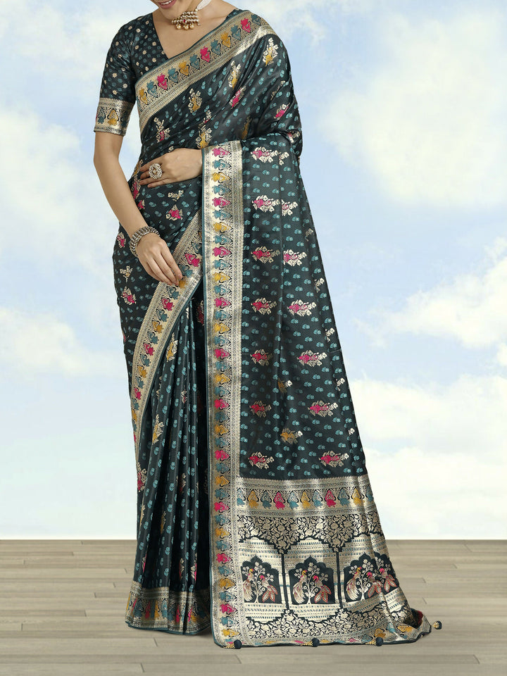 Teal With Gold Bordar Banarasi Satin Zari Woven Saree | SHOBITAM