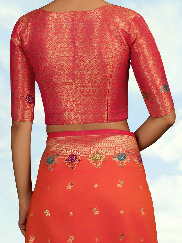 Dark Peach Semi Banarasi Silk Blend Saree With Zari Woven Work | SHOBITAM