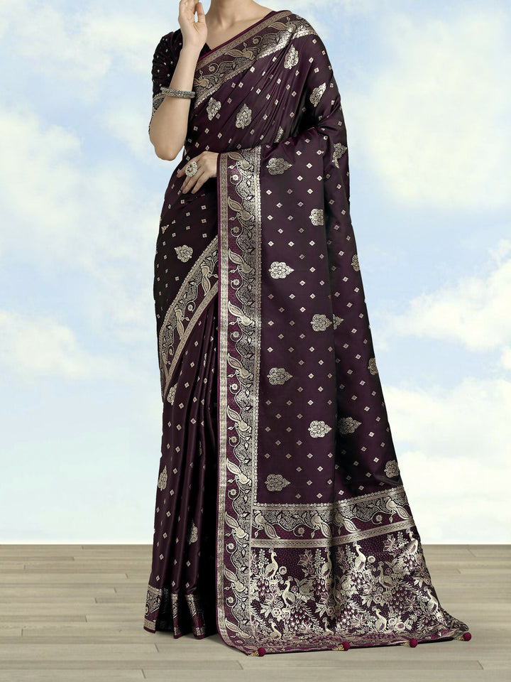 Wine Woven Banarasi Satin Silk Saree | SHOBITAM