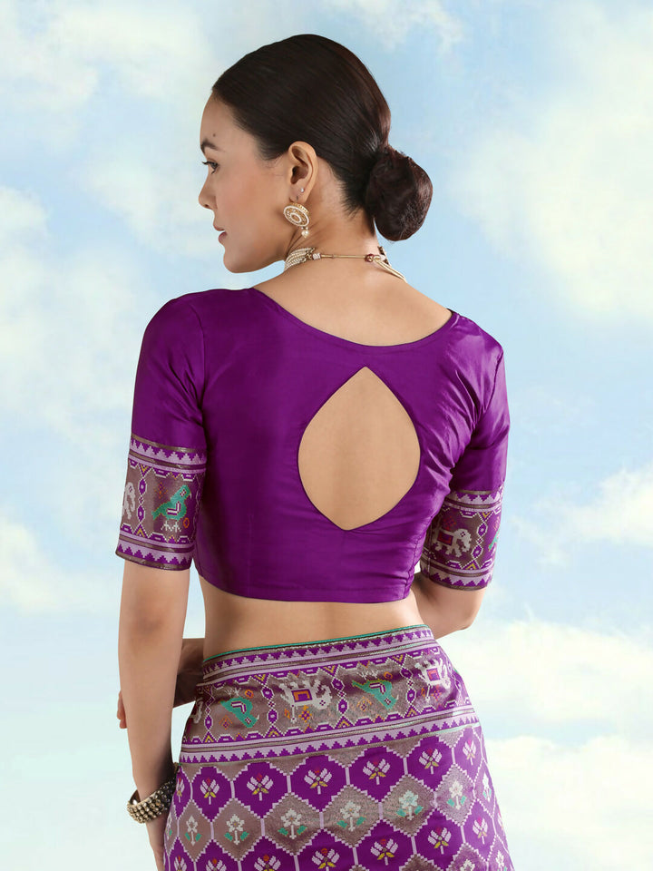 Purple Semi Banarasi Satin Silk Saree With Patola Work | SHOBITAM
