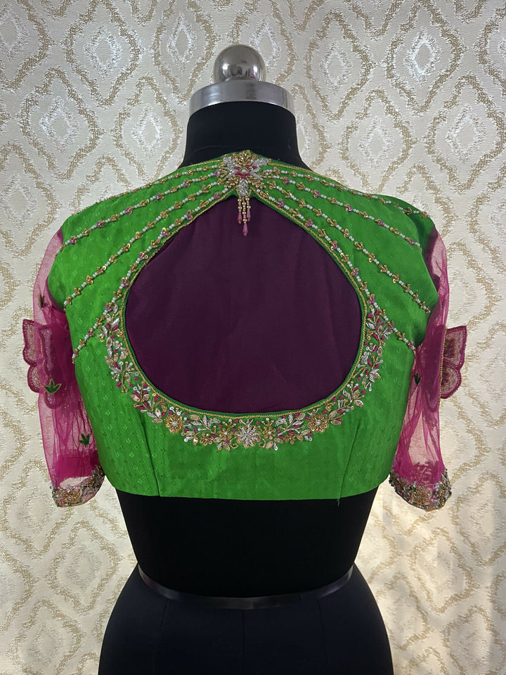 Premium Emerald Green Jacquard Raw Silk Crop Top | SHOBITAM