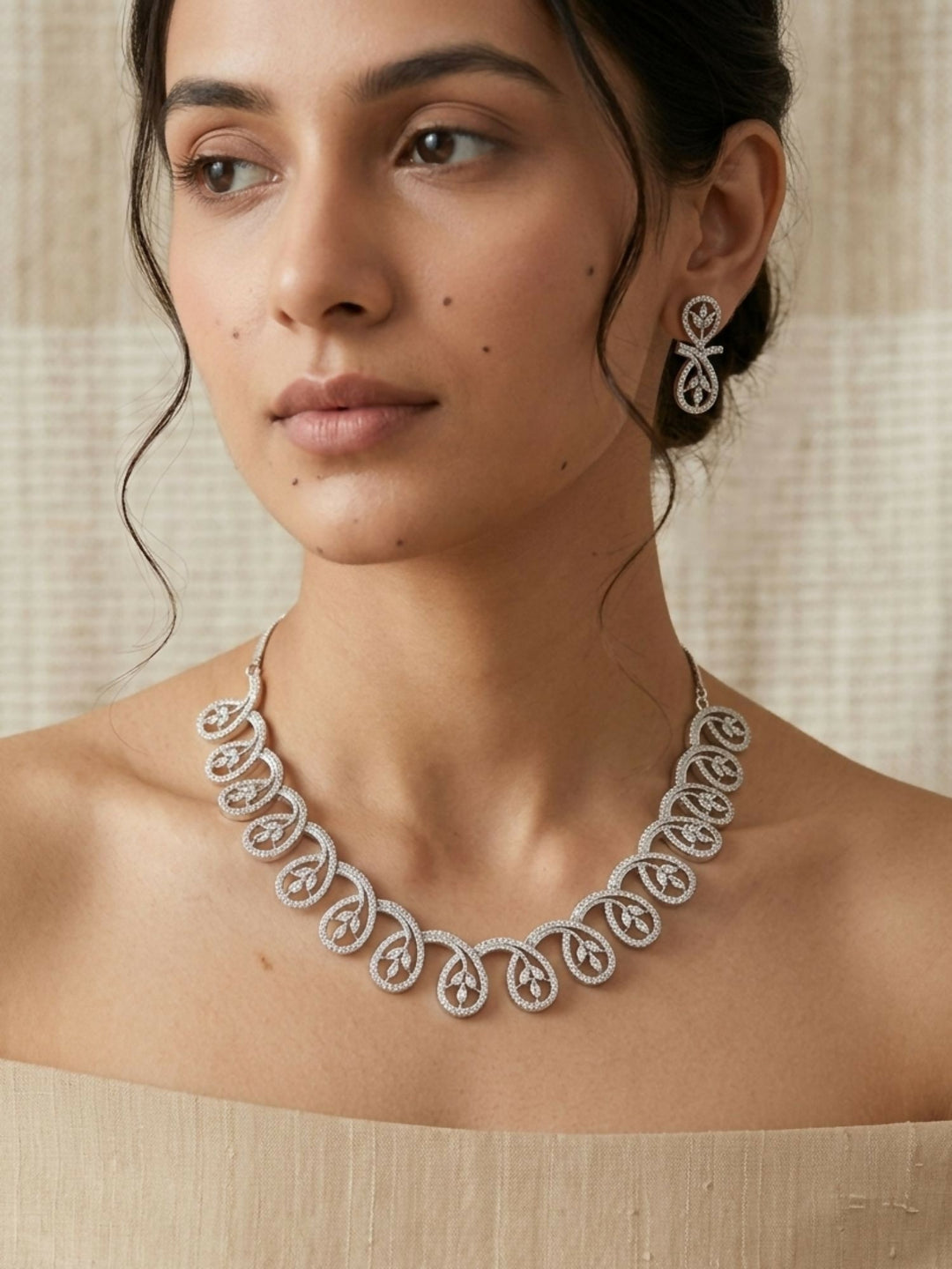 Contemporary Silver Plated American Diamond Necklace Set | shobitam