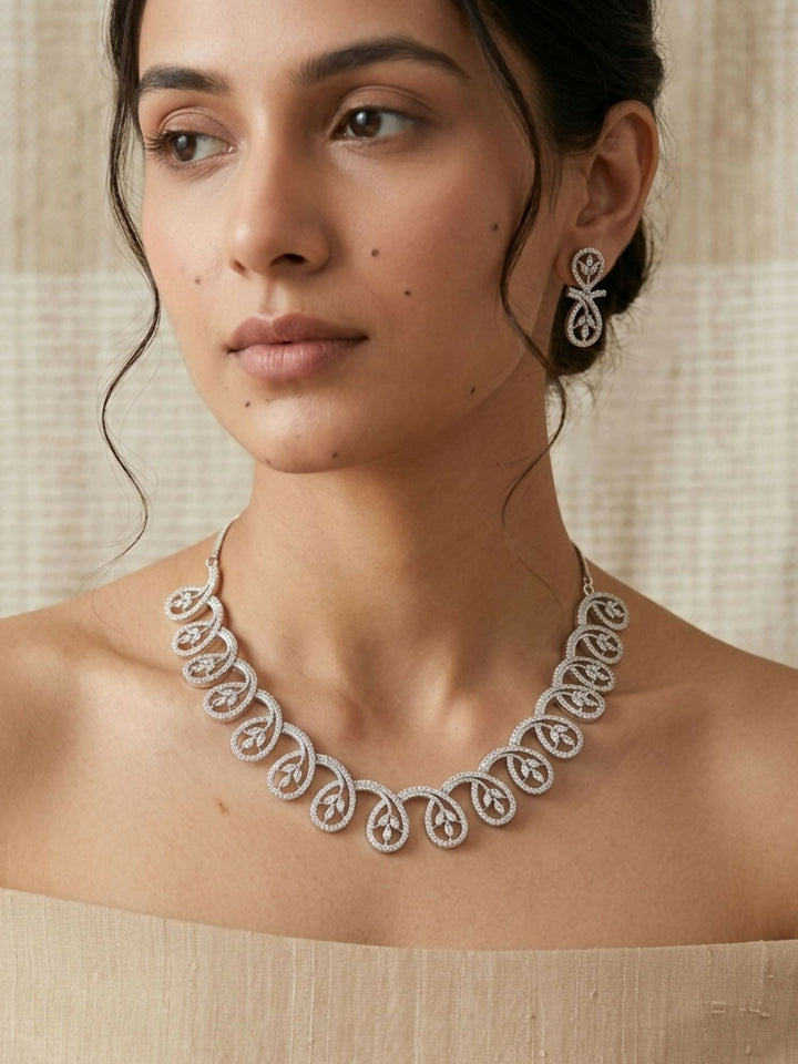 Contemporary Silver Plated American Diamond Necklace Set | shobitam