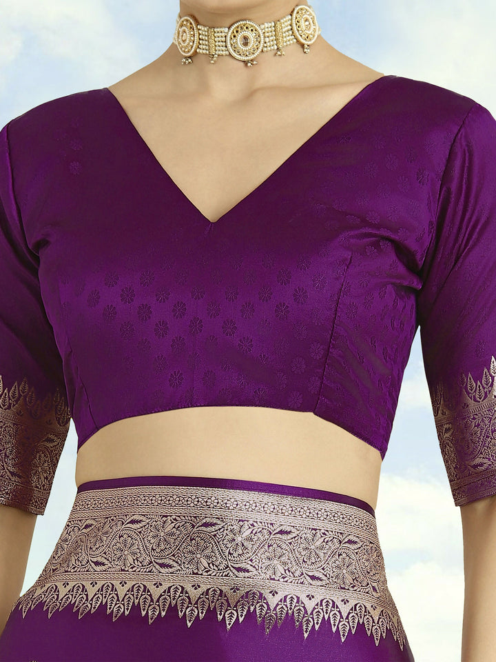Purple Banarasi Satin Silk Saree With Blouse Piece | SHOBITAM