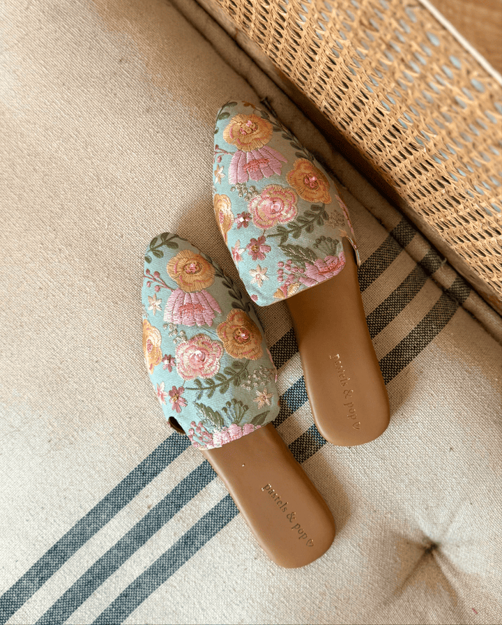 BLOOM AND BEYOND Green Jutties With Embroidery and Bead Work