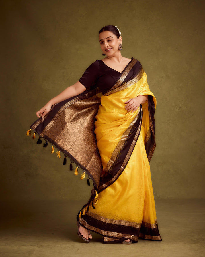 Unique Sunflower Yellow Pure Kanjivaram Soft Silk Saree with Podi-Kattam Zari Checks and Contrast Rettiapet Zari Border | SILK MARK CERTIFIED | SHOBITAM