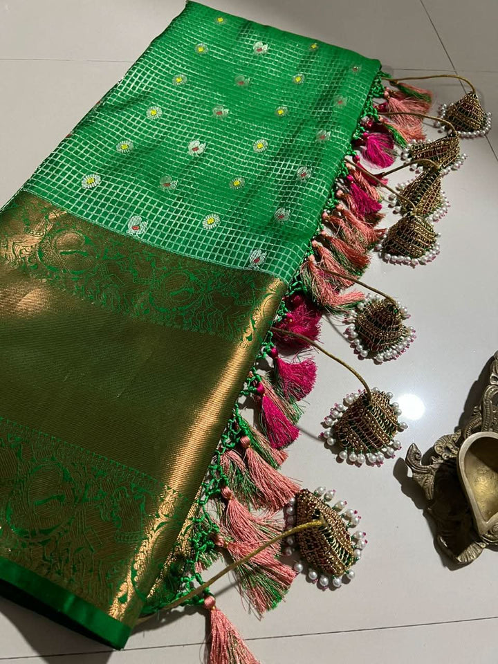 Zari Checks Kanjivaram Pure Silk Saree with Meenakari Buttas and Handwork Kemp Tassels | SILK MARK CERTIFIED