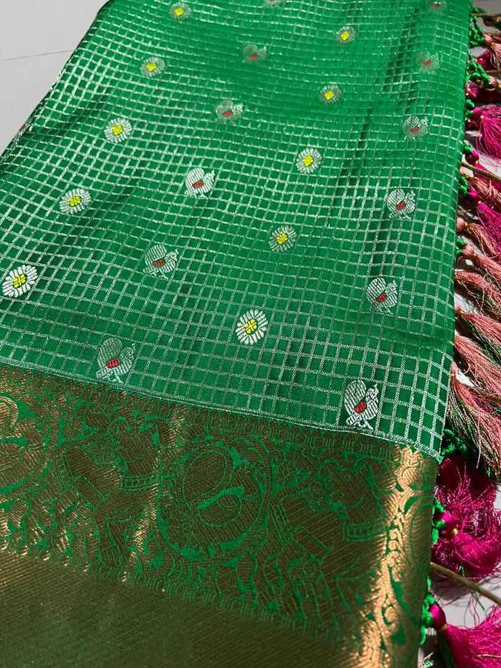 Zari Checks Kanjivaram Pure Silk Saree with Meenakari Buttas and Handwork Kemp Tassels | SILK MARK CERTIFIED