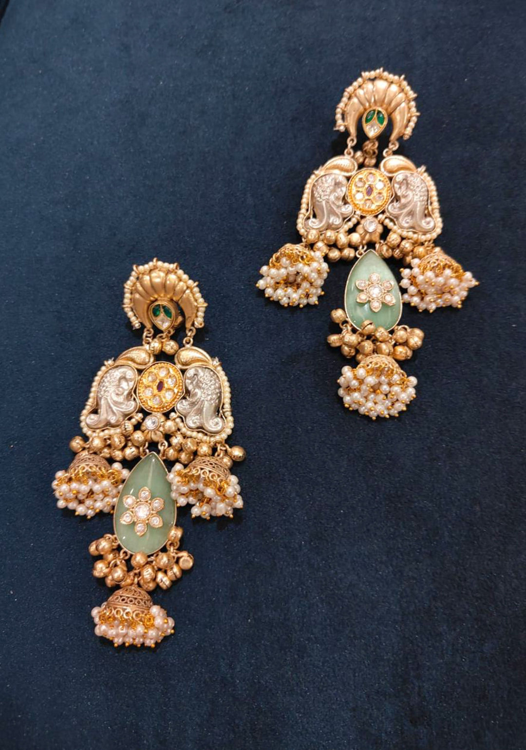 Oxidized Sage green Stone Long Earring set with Dangling Beads | Shobitam Jewelry