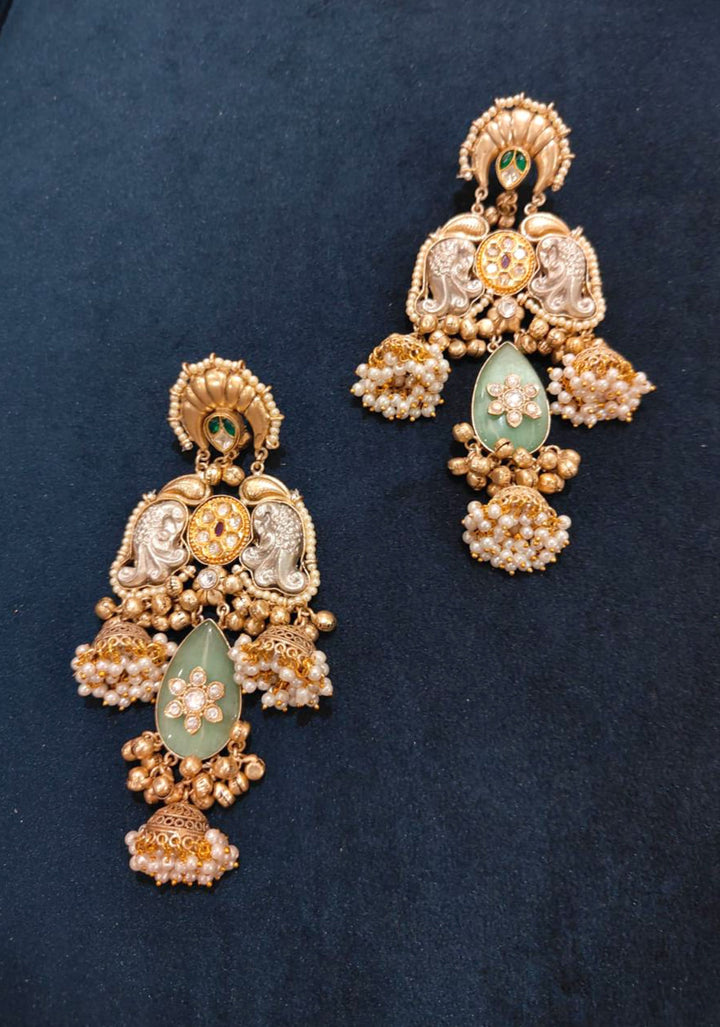 Oxidized Sage green Stone Long Earring set with Dangling Beads | Shobitam Jewelry