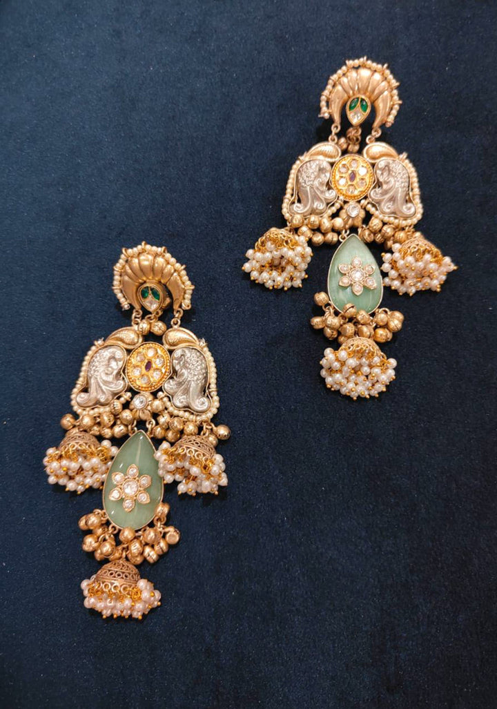 Oxidized Sage green Stone Long Earring set with Dangling Beads | Shobitam Jewelry