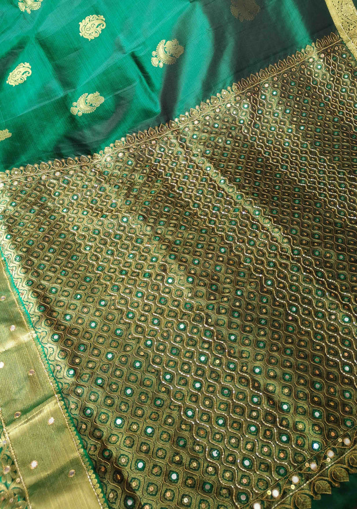 Green Kanjivaram Silk Saree with Zari Buttas and Sequins,cutdana and Mirror Work | SILK MARK CERTIFIED