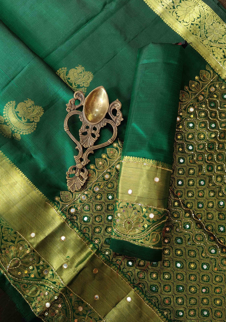 Green Kanjivaram Silk Saree with Zari Buttas and Sequins,cutdana and Mirror Work | SILK MARK CERTIFIED