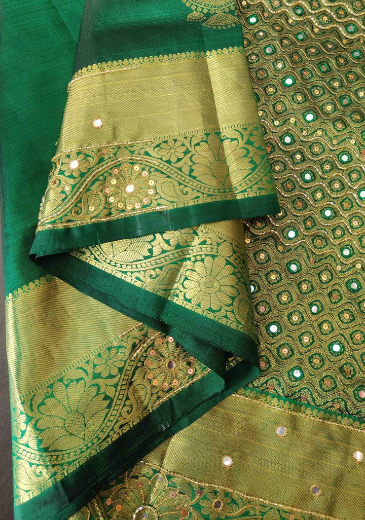 Green Kanjivaram Silk Saree with Zari Buttas and Sequins,cutdana and Mirror Work | SILK MARK CERTIFIED