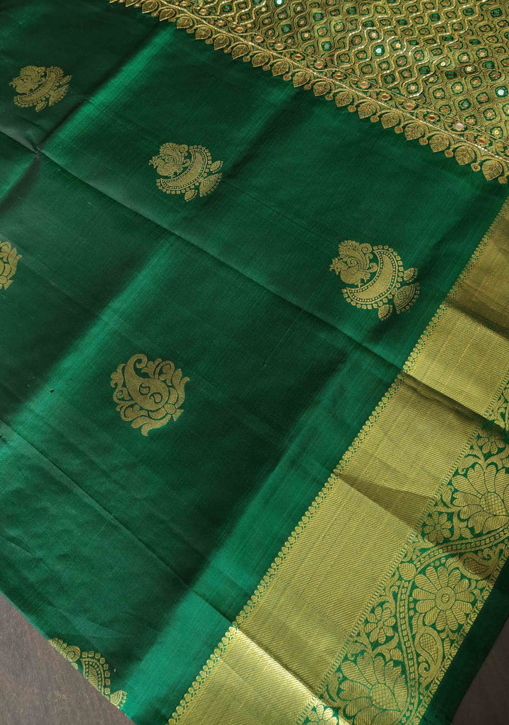 Green Kanjivaram Silk Saree with Zari Buttas and Sequins,cutdana and Mirror Work | SILK MARK CERTIFIED