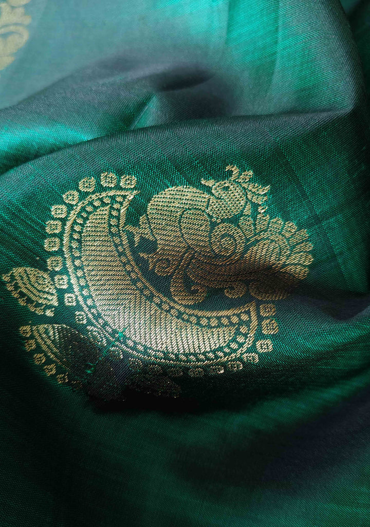 Green Kanjivaram Silk Saree with Zari Buttas and Sequins,cutdana and Mirror Work | SILK MARK CERTIFIED