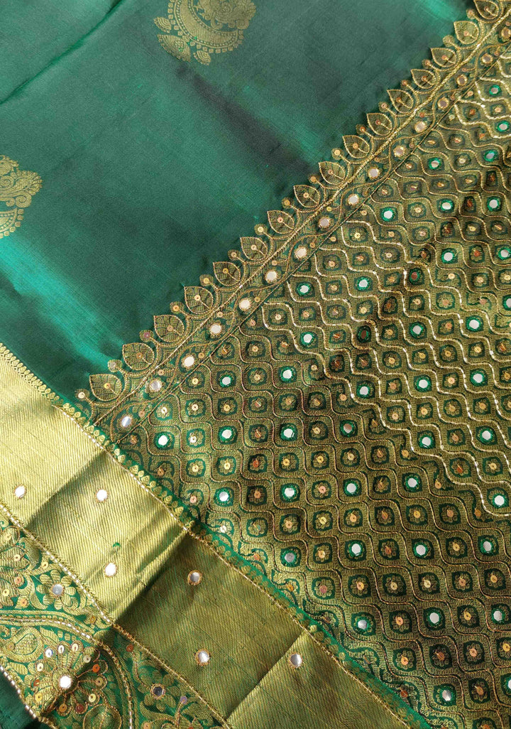 Green Kanjivaram Silk Saree with Zari Buttas and Sequins,cutdana and Mirror Work | SILK MARK CERTIFIED