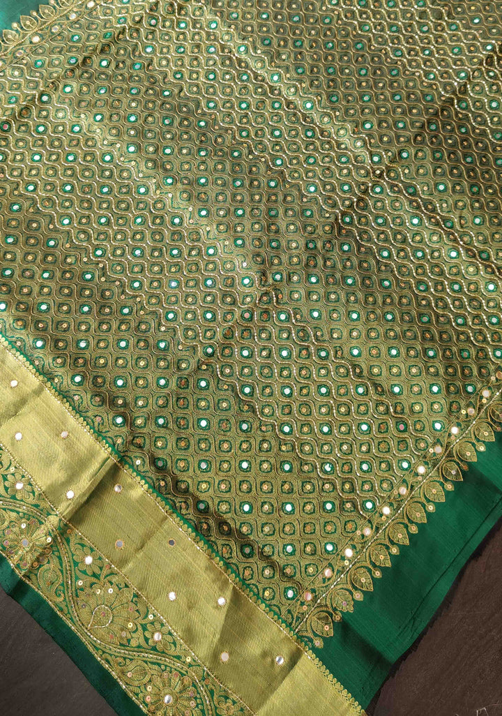 Green Kanjivaram Silk Saree with Zari Buttas and Sequins,cutdana and Mirror Work | SILK MARK CERTIFIED