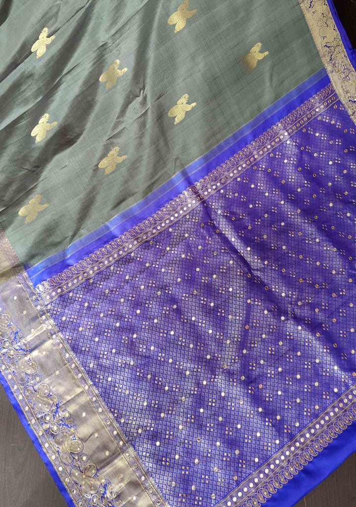 Greenish Grey Kanjivaram Silk Saree with Peacock Veena Buttas and Sequins, Cutdana Mirror work | SILK MARK CERTIFIED