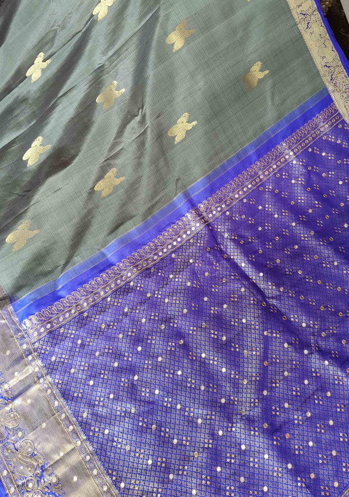 Greenish Grey Kanjivaram Silk Saree with Peacock Veena Buttas and Sequins, Cutdana Mirror work | SILK MARK CERTIFIED