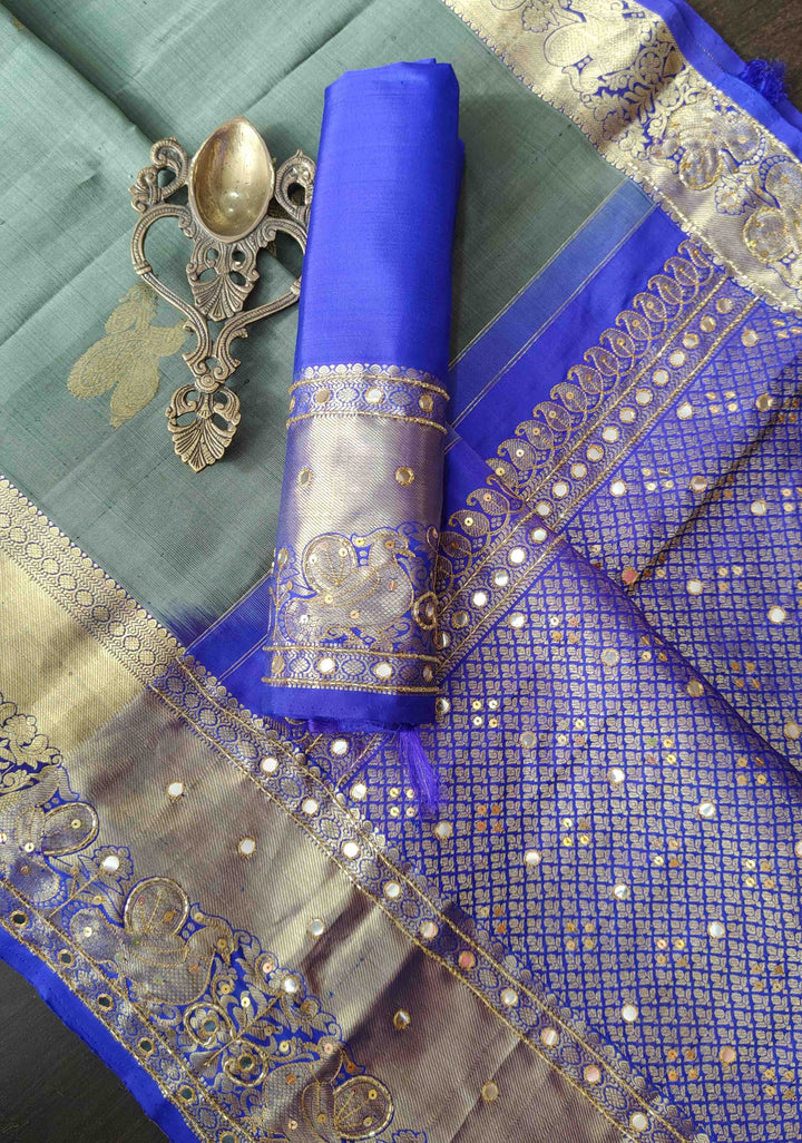 Greenish Grey Kanjivaram Silk Saree with Peacock Veena Buttas and Sequins, Cutdana Mirror work | SILK MARK CERTIFIED