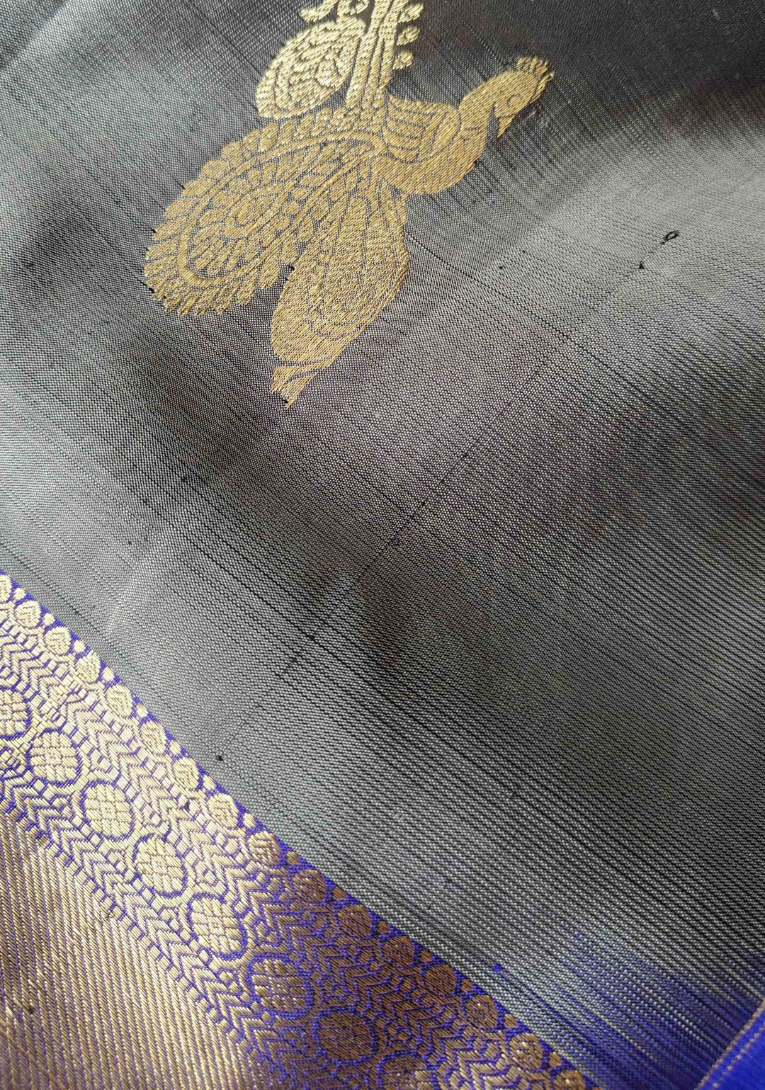 Greenish Grey Kanjivaram Silk Saree with Peacock Veena Buttas and Sequins, Cutdana Mirror work | SILK MARK CERTIFIED