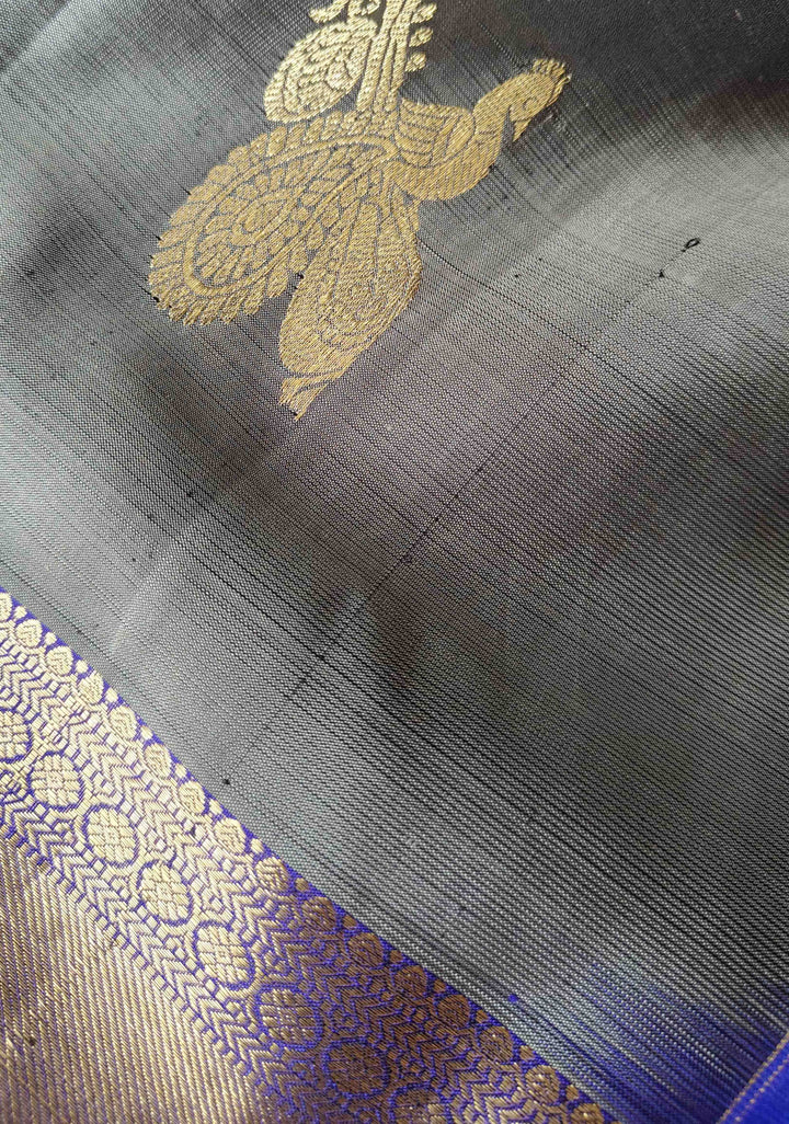 Greenish Grey Kanjivaram Silk Saree with Peacock Veena Buttas and Sequins, Cutdana Mirror work | SILK MARK CERTIFIED