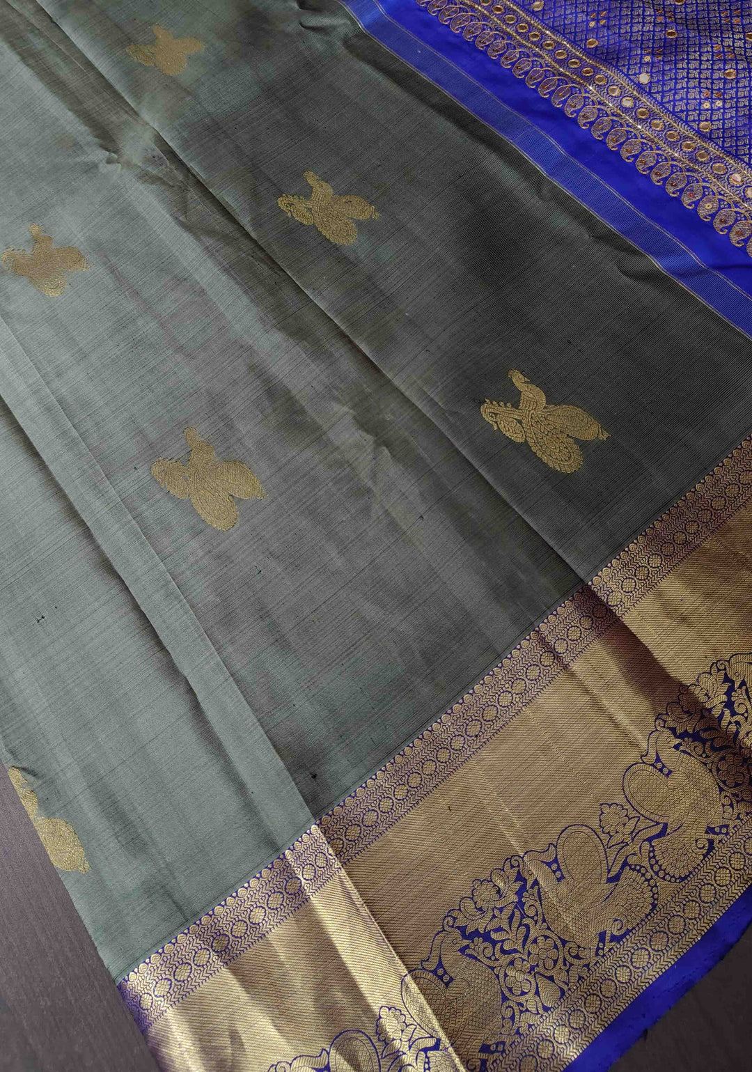 Greenish Grey Kanjivaram Silk Saree with Peacock Veena Buttas and Sequins, Cutdana Mirror work | SILK MARK CERTIFIED