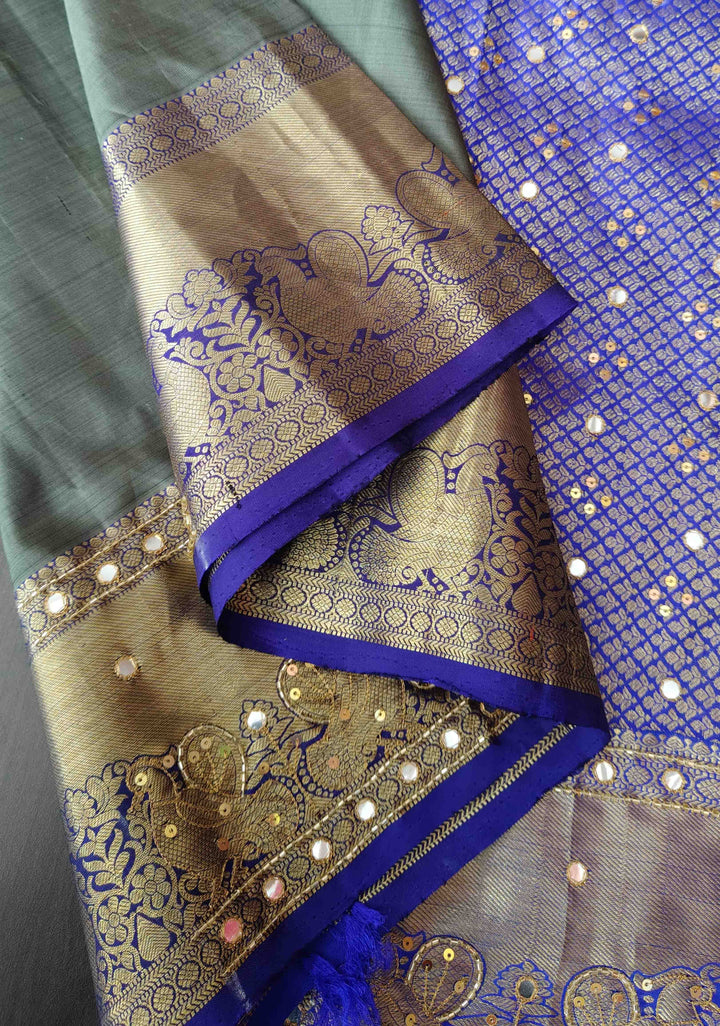 Greenish Grey Kanjivaram Silk Saree with Peacock Veena Buttas and Sequins, Cutdana Mirror work | SILK MARK CERTIFIED