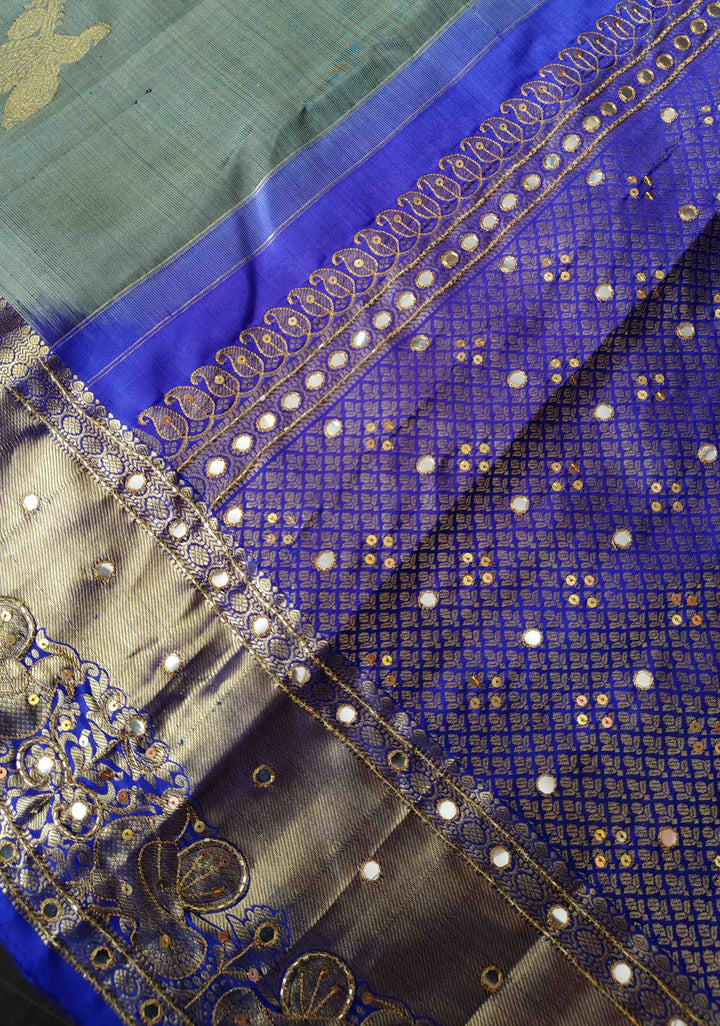 Greenish Grey Kanjivaram Silk Saree with Peacock Veena Buttas and Sequins, Cutdana Mirror work | SILK MARK CERTIFIED
