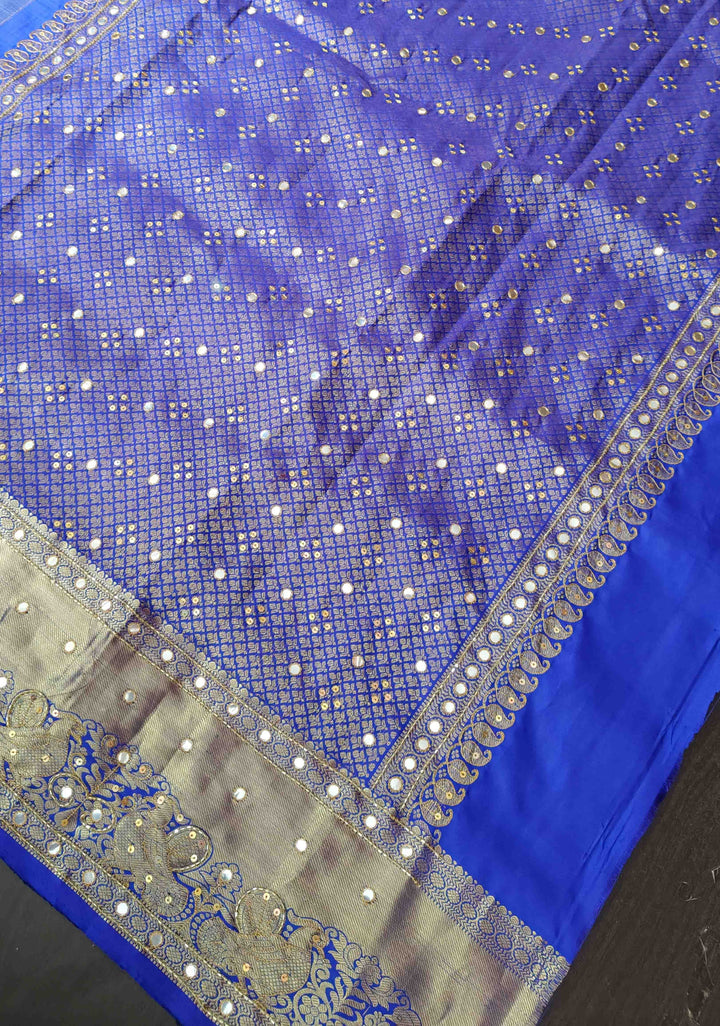 Greenish Grey Kanjivaram Silk Saree with Peacock Veena Buttas and Sequins, Cutdana Mirror work | SILK MARK CERTIFIED