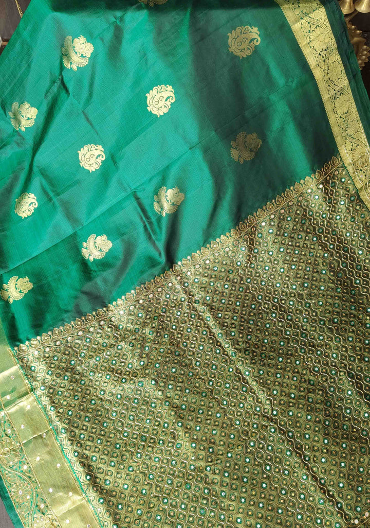 Green Kanjivaram Silk Saree with Zari Buttas and Sequins,cutdana and Mirror Work | SILK MARK CERTIFIED
