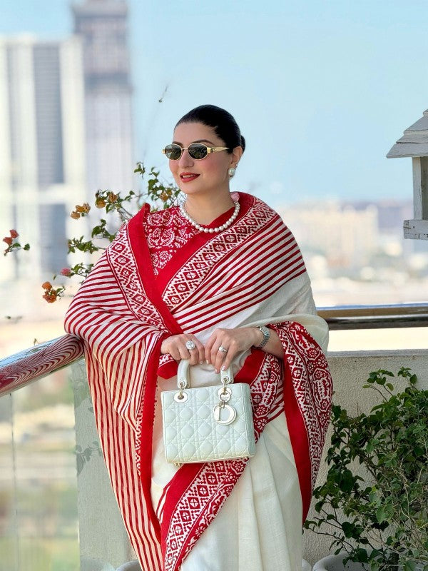 Off White Pure Handloom Tussar Silk Saree with Handblock Print on Border and Pallu  | SILK MARK CERTIFIED